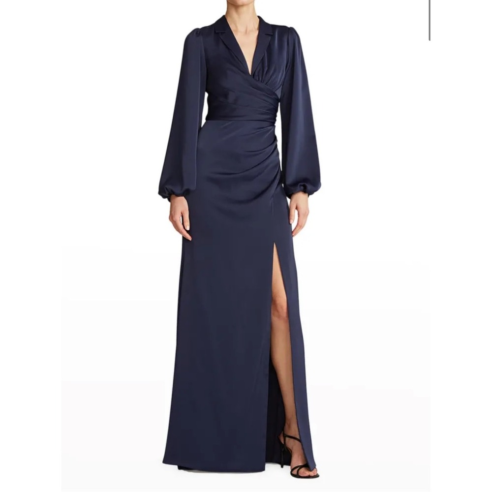 Theia Kali Shirtdress Gown French Navy Satin Maxi Slit Dress Size 4 NWT